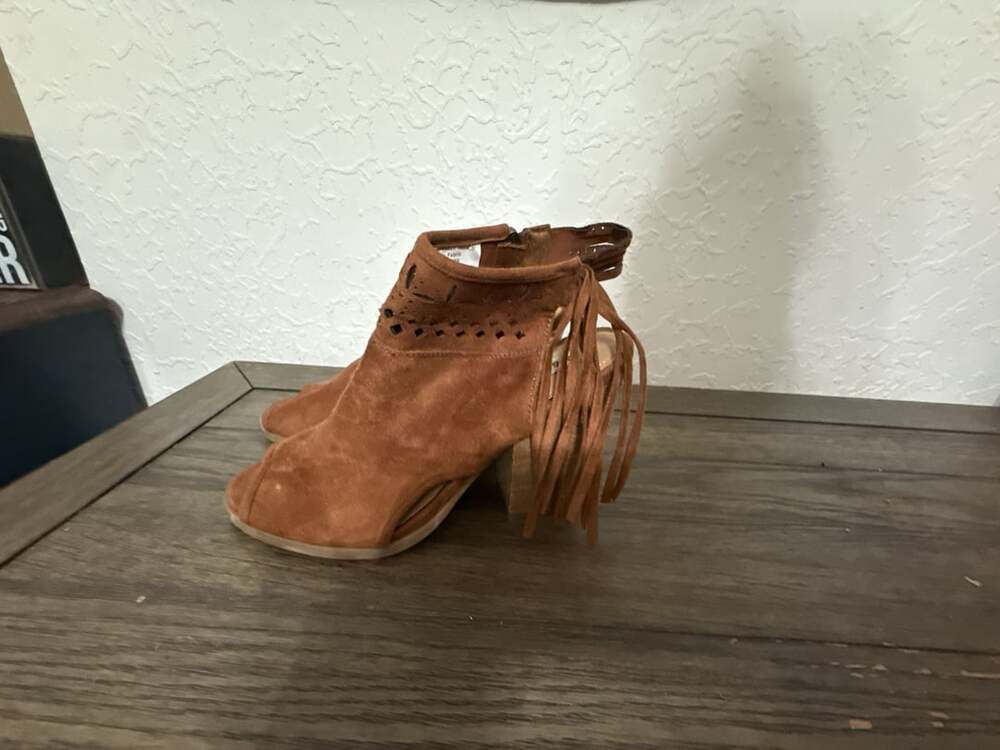 Not Rated Brown Suede Peep Toe Fringe Ankle Booties Size 7.5